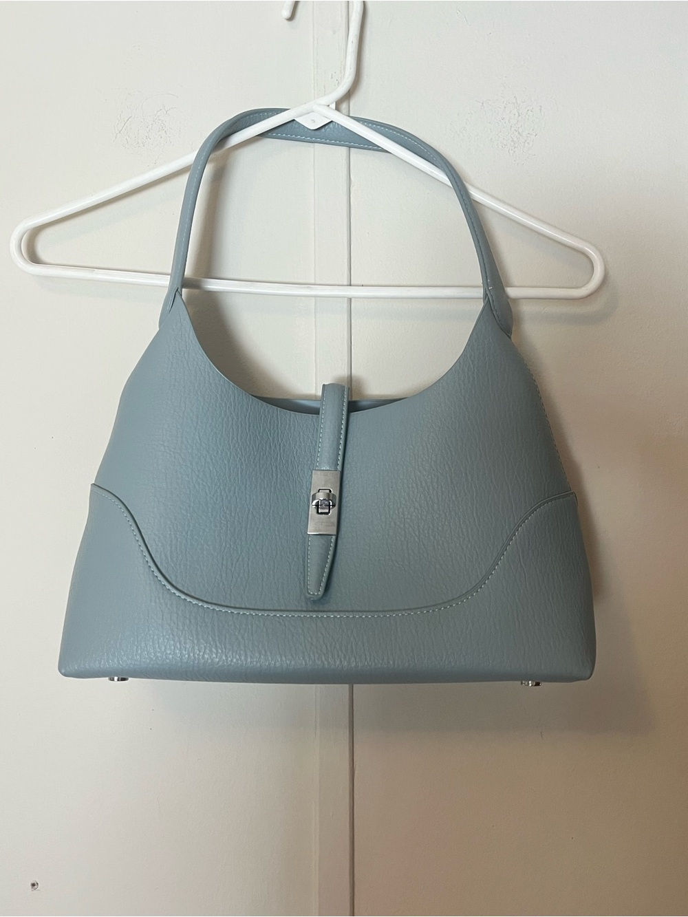Miztique Pebbled Shoulder Bag in Dusty Blue Twist Lock Closure